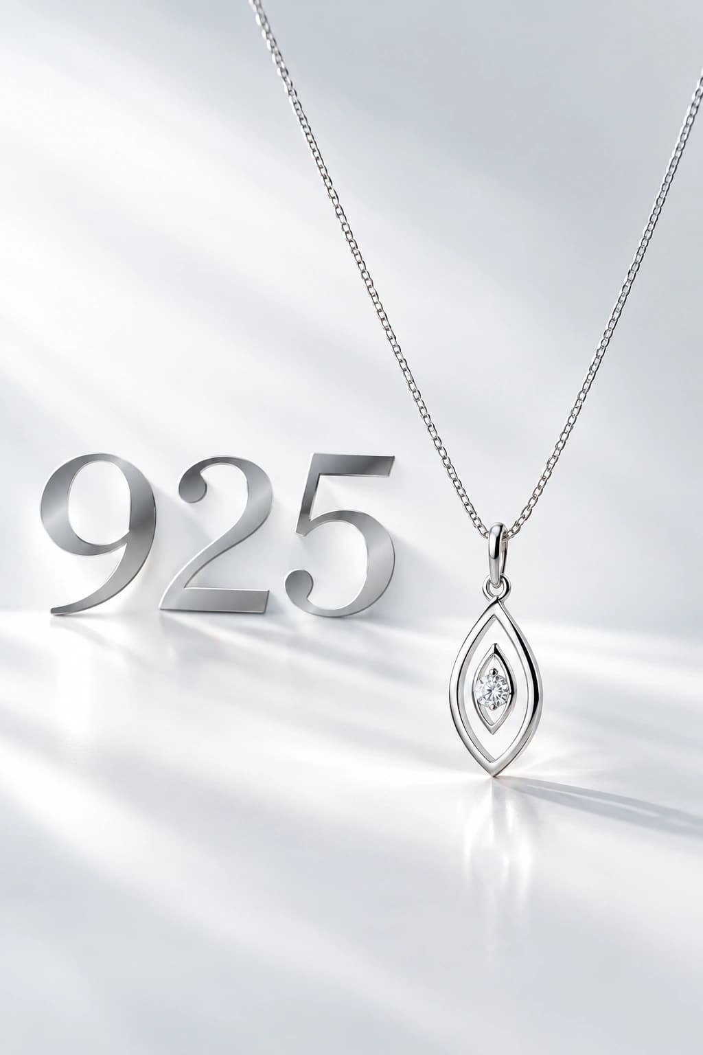 Polished 925 numerals beside a sterling silver pendant on a fine chain