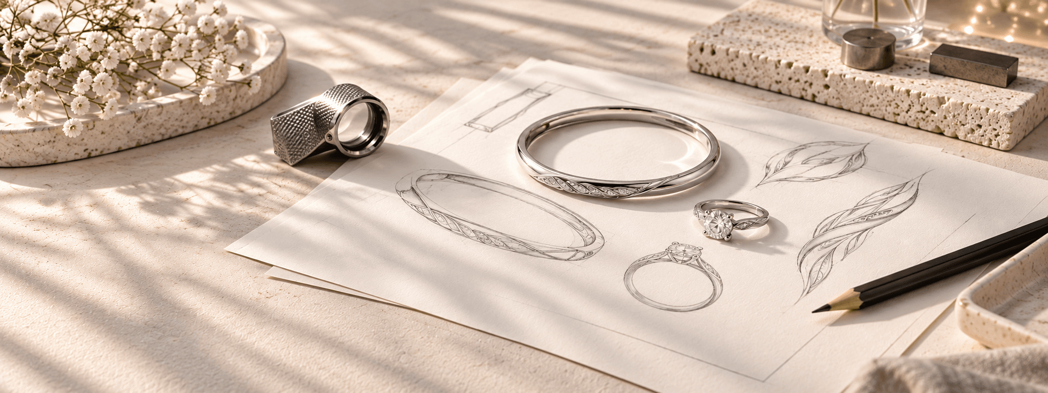A sterling silver bangle and ring resting on jewellery design sketches