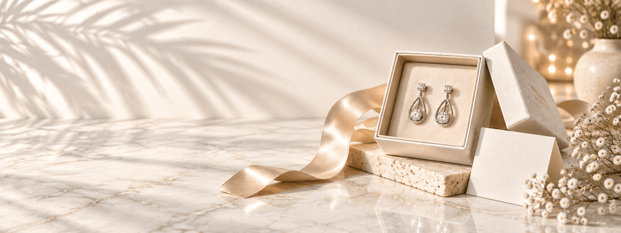 Sterling silver drop earrings in an open ivory gift box with satin ribbon