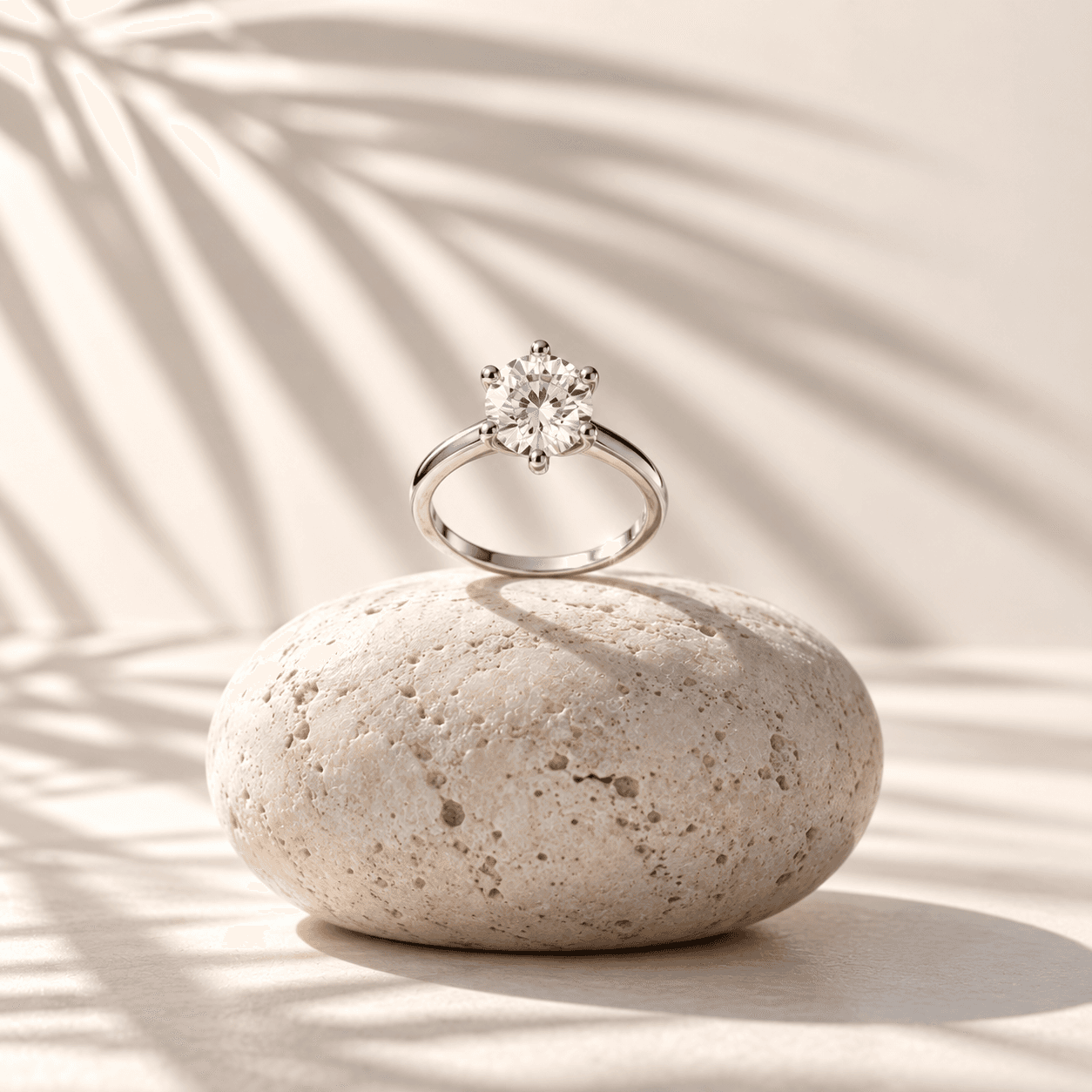 Sterling silver solitaire ring balanced on an ivory stone