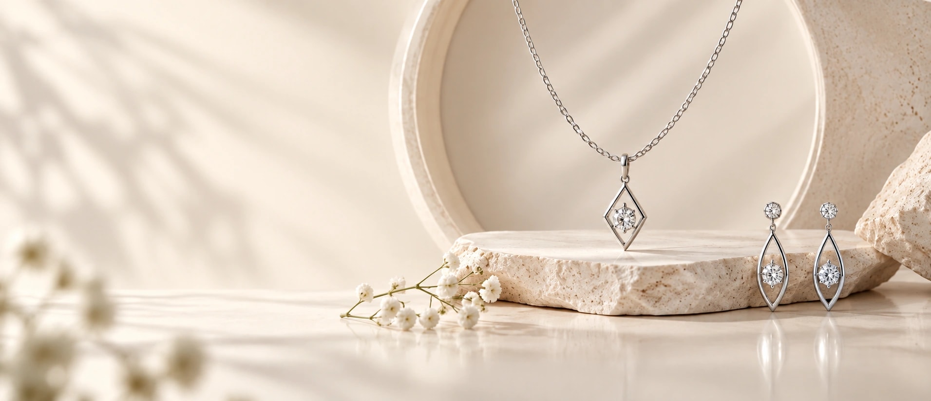 925Chandi sterling silver pendant necklace and drop earrings on an ivory stone plinth
