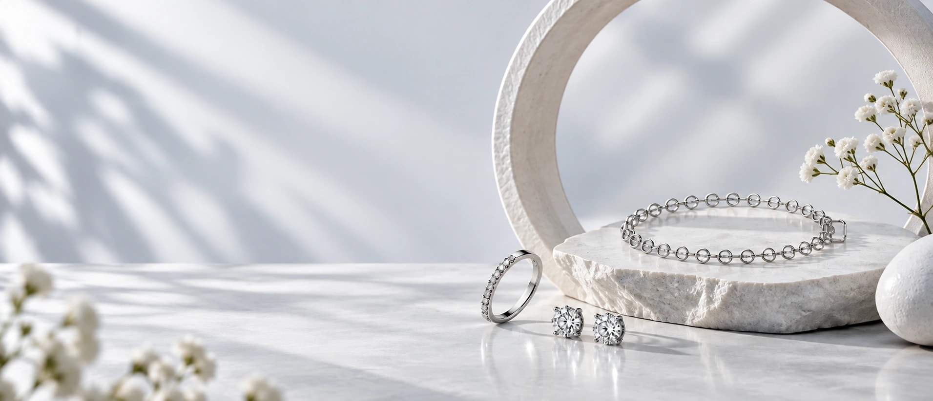 925Chandi sterling silver bracelet, stacking ring and solitaire studs on white marble