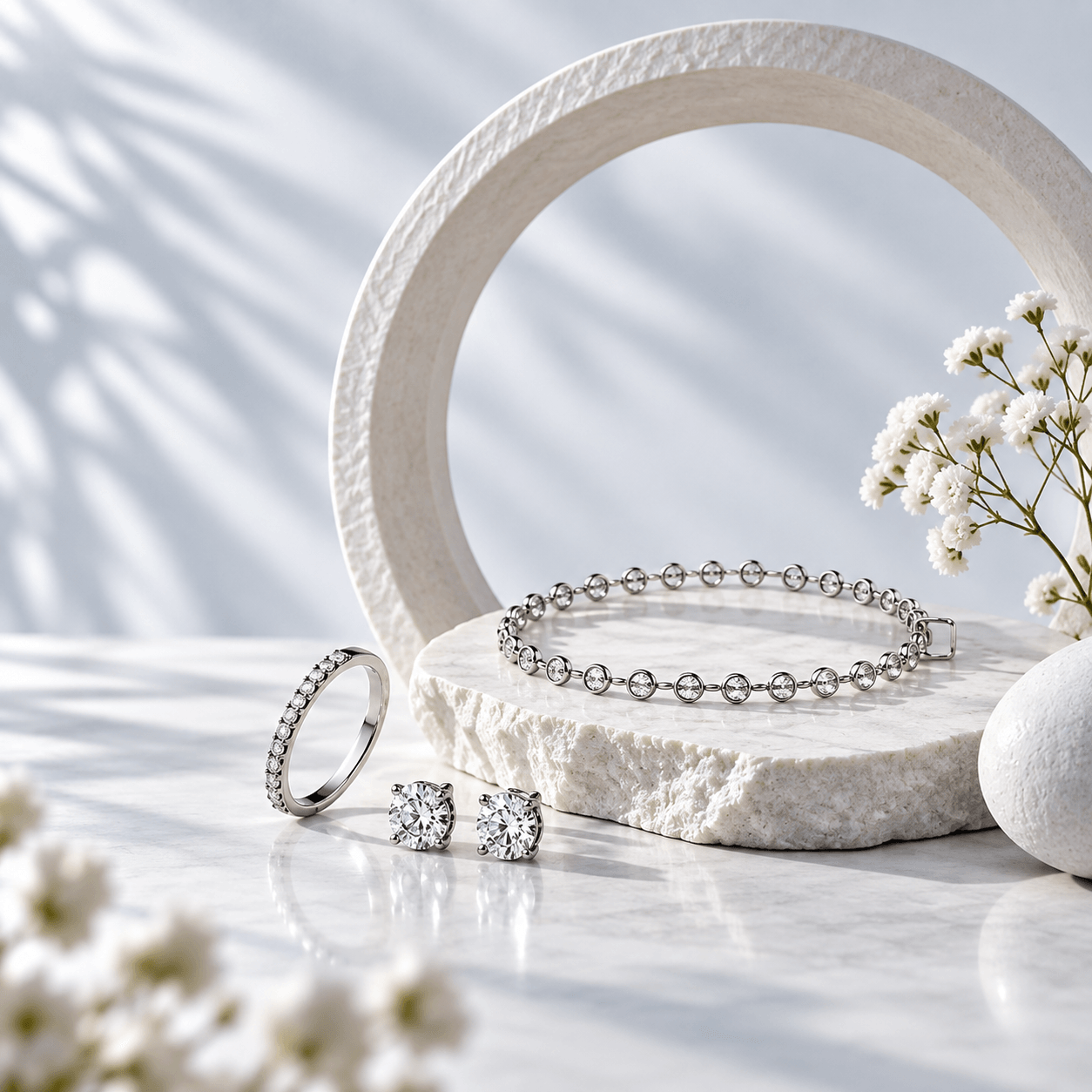 925Chandi sterling silver bracelet, stacking ring and solitaire studs on white marble