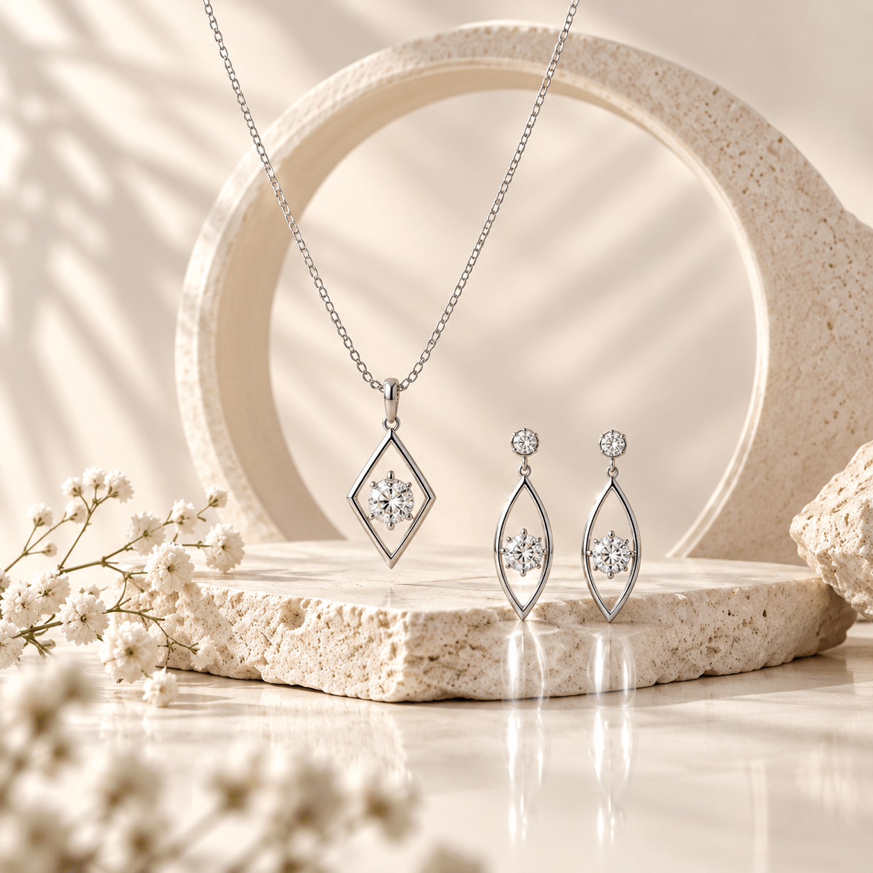 925Chandi sterling silver pendant necklace and drop earrings on an ivory stone plinth