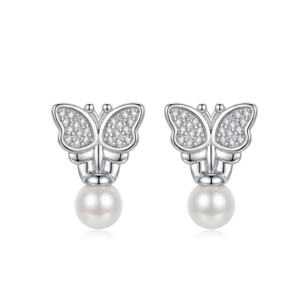 Butterfly Pearl Drop Stud Earrings