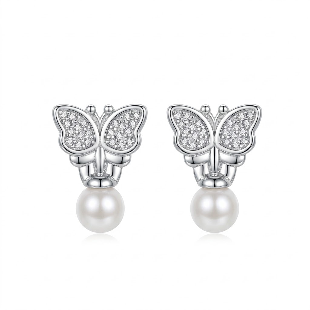 Butterfly Pearl Drop Stud Earrings — view 1 of 3