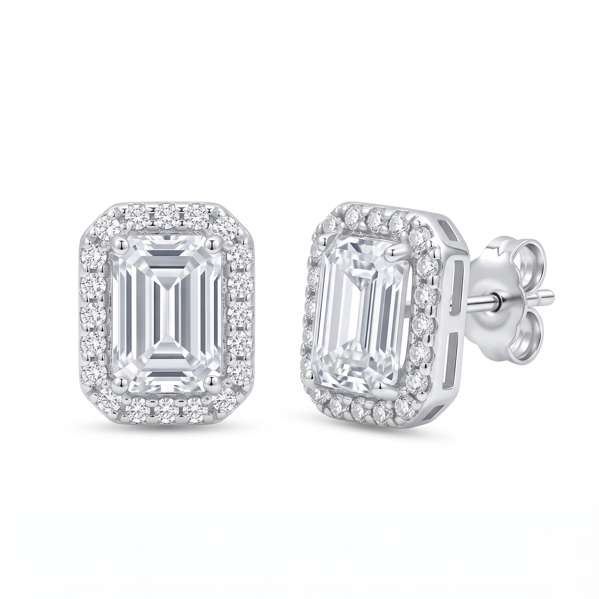 Emerald-Cut Halo Stud Earrings