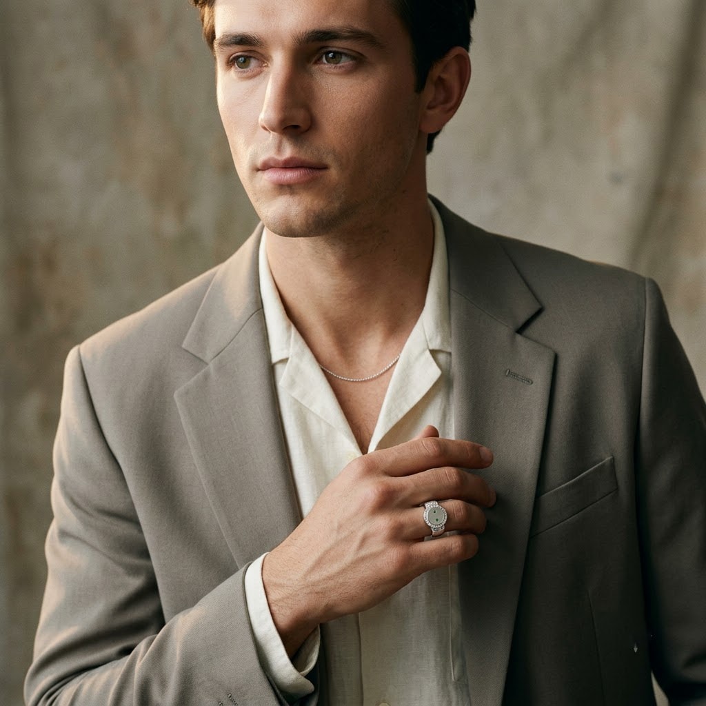 Halo Signet Ring with Emerald-Tone Accents