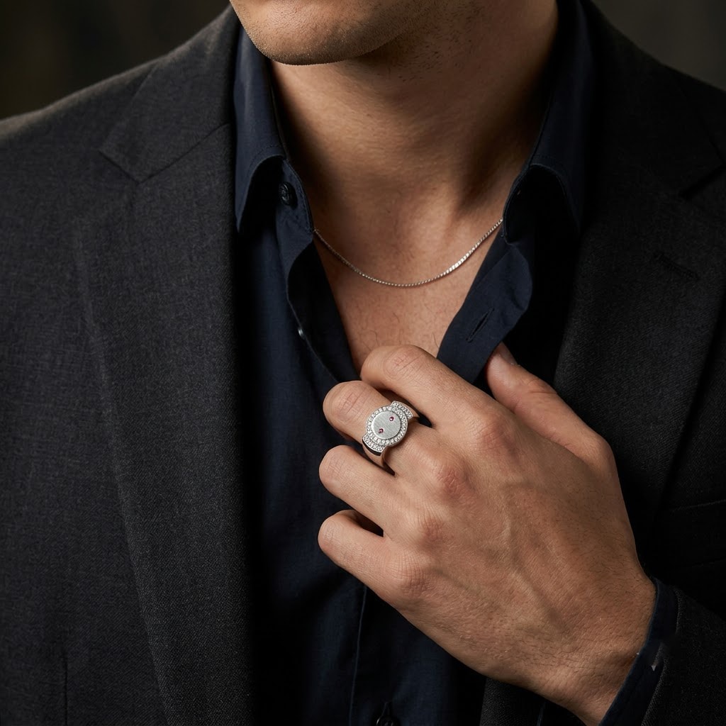 Halo Signet Ring with Ruby-Tone Accents