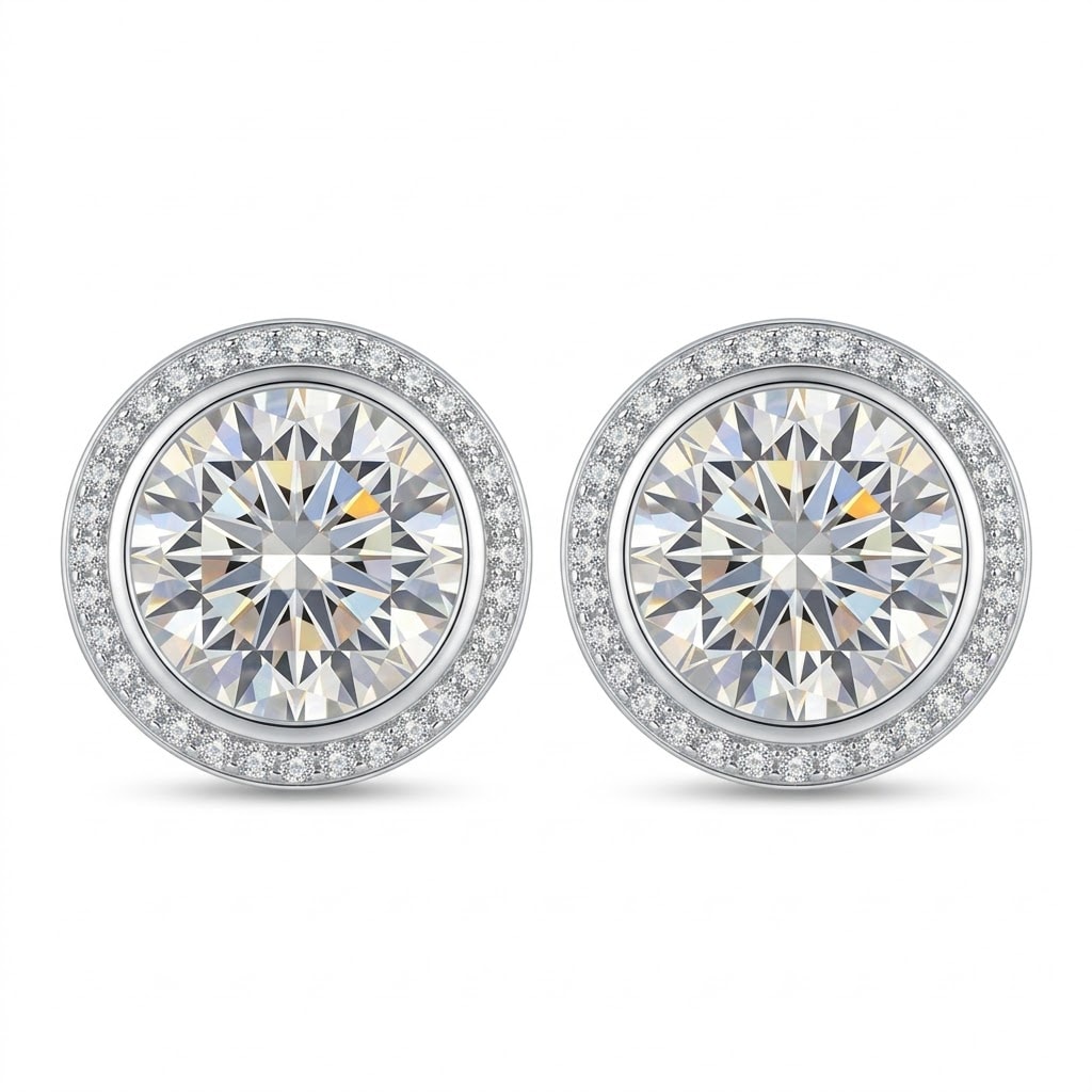 Round Halo Bezel Stud Earrings — view 1 of 4